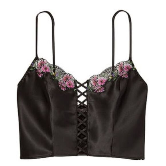 Victoria’s Secret Black Lace-Up Satin Cami with Floral Lace Embroidery Size XL - Picture 3 of 7